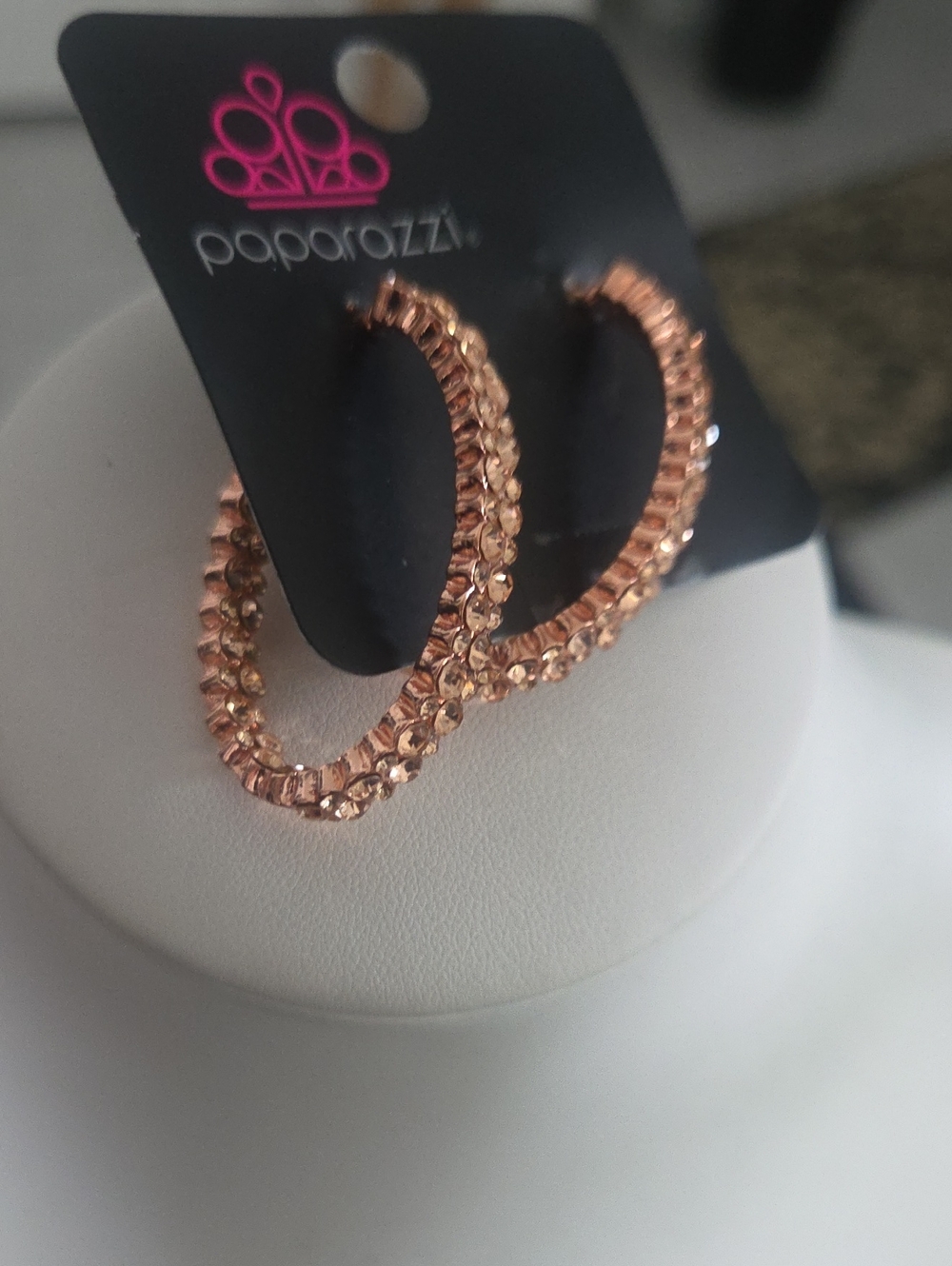Paparazzi Shiny Copper Rhinestime Hoop Earrings NWT - Picture 2 of 3